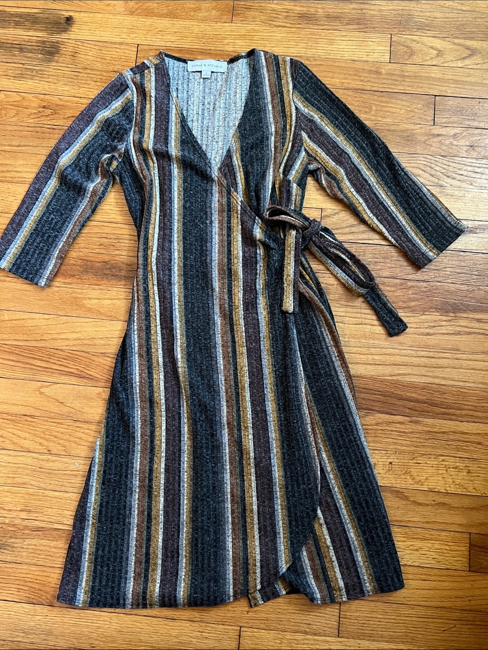 Striped Wrap Midi Dress in Brown & Gray - Boden